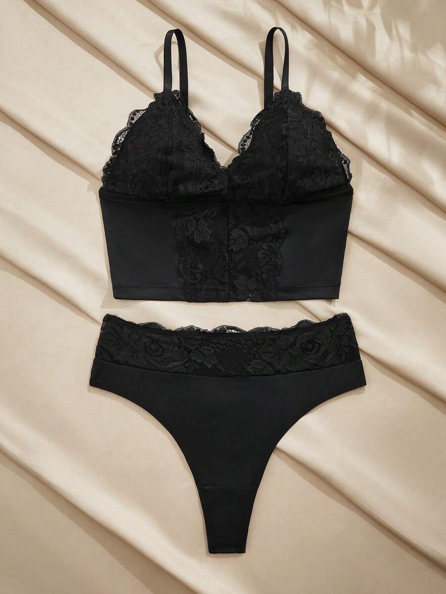 Charlaine 2pcs Set French Elegant Floral Lace Comfortable Lingerie Set - Black - View 1