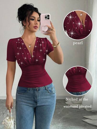 Elenzga Camiseta elegante y refinada con cuello en V, decoración de perlas y ajuste ceñido en la cintura para mujer