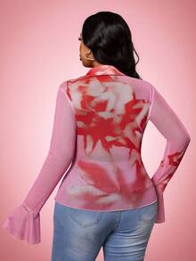 Truni 大码女士优雅粉色玫瑰印花长袖网纱上衣，喇叭袖口设计，适合约会、通勤、派对、情人节等场合。 - 彩色 - 查看 6