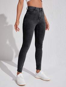 SHEIN SXY 女士休闲日常口袋纽扣牛仔裤 - 黑色 - 查看 4