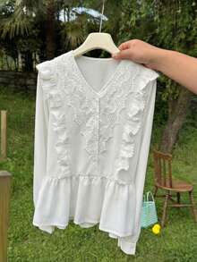 SHEIN 休闲简约清新风格白色编织花卉蕾丝边长袖衬衫，适合少女外出、通勤、旅行和其他日常场合。 - 白色 - 查看 9