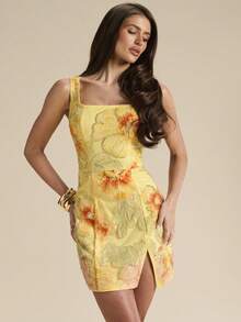 SHEIN BAE Rhinestone & Sequin Embellished Backless Mini Dress, Floral Design, Suitable For Beach, Resort, Elegant, Sweet, Brunch, Summer - Yellow - View 5
