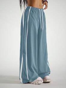 StreetHx 女士抽绳腰带休闲百搭阔腿裤，适合日常穿着 - 藍色 - 查看 5