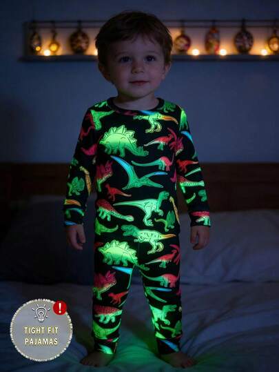 Conjunto de pijama de body de manga larga y pantalones con estampado de dinosaurios de colores que brillan en la oscuridad para bebés niños