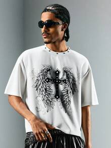 ROMWE MEN Grunge Punk 男士圆领翅膀印花铆钉短袖T恤 - 白色 - 查看 6
