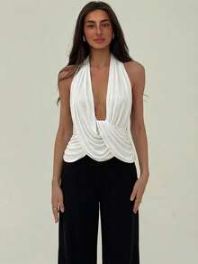 Aloruh 女士春夏新款艺术女神垂褶领吊带衫 - 白色 - 查看 6