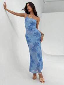 Aloruh Women's Floral Print Asymmetrical Shoulder Dress,Summer Dresses For Women - Blue - View 5