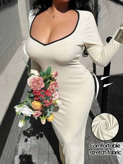 Easura 大码时尚休闲撞色修身连衣裙