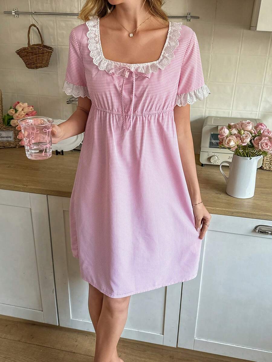 SHEIN 浪漫格子印花拼接蕾丝蝴蝶结松紧腰睡裙 - 粉色 - 查看 1