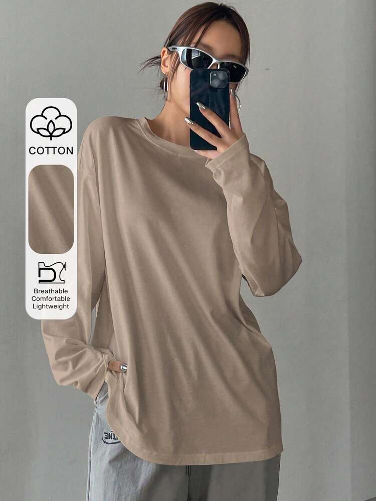 Solid Color Loose Long Sleeve Women's Round Neck T-Shirt, Long Length,Fall Clothes,Back To School Clothes