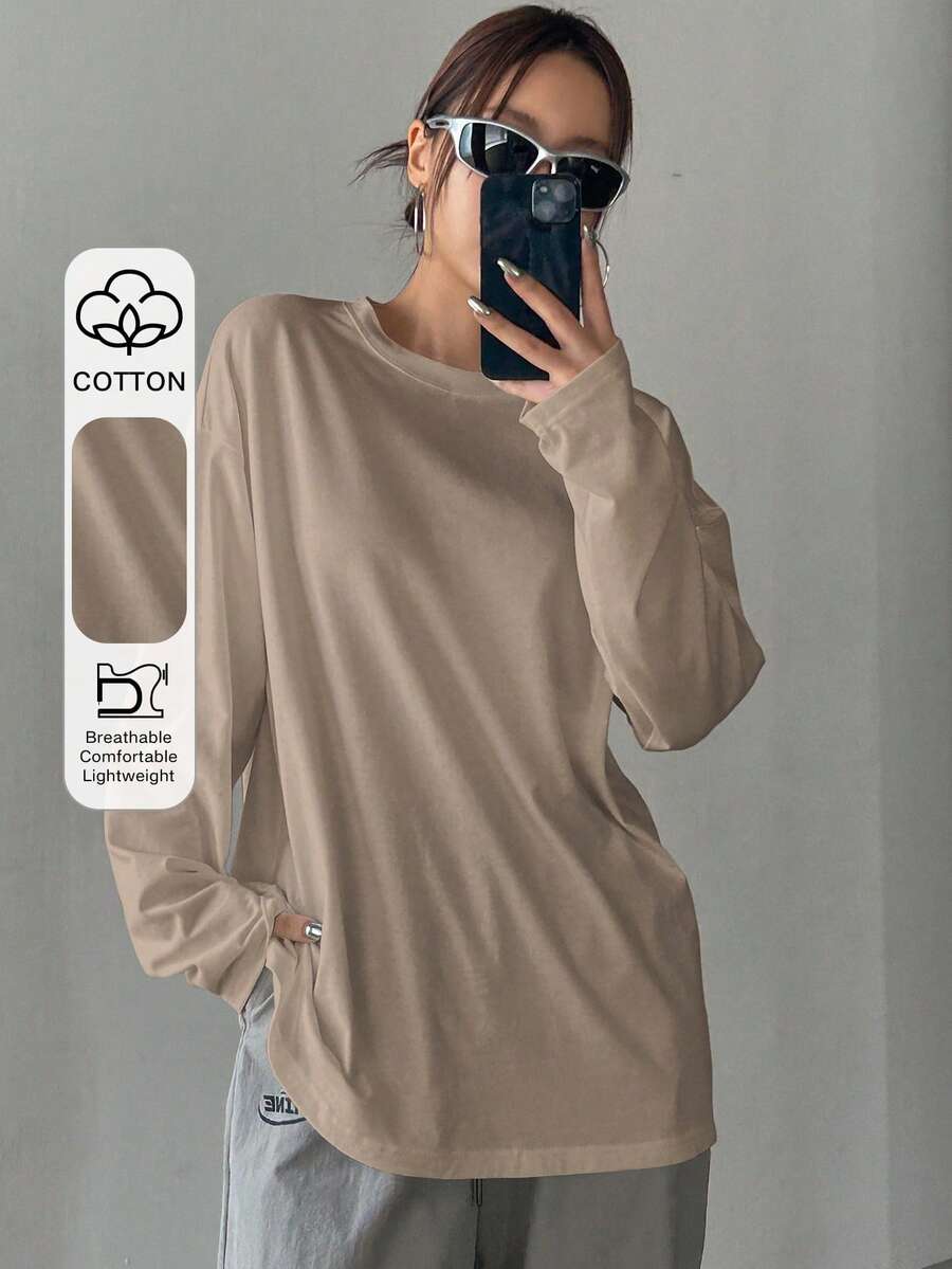 DAZY Solid Color Loose Long Sleeve Women's Round Neck T-Shirt, Long Length,Fall Clothes,Back To School Clothes - Khaki - View 1