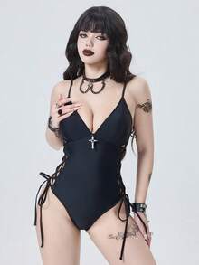 ROMWE Women's Sexy European And American Music Festival Party Bold And Avant-Garde Outdoor Gothic Punk Apocalyptic Style Basic Versatile Solid Color Thin Strap Deep V-Neck Metal Cross Pendant Decorated Side Criss-Cross Tie-Up Waist Cutout Backless One-Piece Swimsuit, Slimming Design, Suitable For Beaches, Seaside, Autumn Swimwear, And Also Suitable For Spring Break Music Festivals. Swimming Goth One Piece Swimsuit Curve Swimsuits Gothic SwimwearFigure-Hugging Swimwear, Gothic-Style Swimwear. Goth Swimsuit Emo Bathing Suit Lace-Up Swimsuit Goth Bathing Suit - Black - View 4