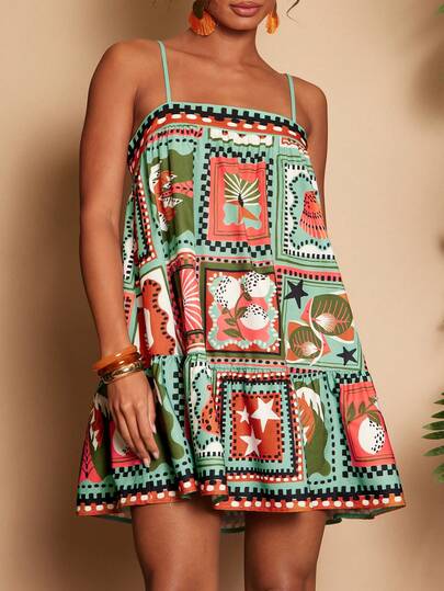 Travachic 女士度假棕榈树豹纹荷叶边吊带连衣裙，热带印花连衣裙，度假连衣裙，非洲印花连衣裙，丛林印花连衣裙，棕榈树连衣裙，绿色动物纹连衣裙，度假装，休闲女装，秋季女装，时尚秋季装，外出装，优雅装，乡村风女装，派对装，新年装，婚礼宾客装，优雅毕业装，奢华舞会礼服