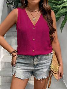 Breezaya Áo sơ mi không tay cổ chữ V màu trơn cỡ lớn, cài nút, kiểu dáng thường ngày. - Màu Hồng Tươi - Xem 5