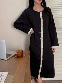 DAZY 撞色荷叶边拼接宽松纹理面料女士睡袍 - 黑色 - 查看 8