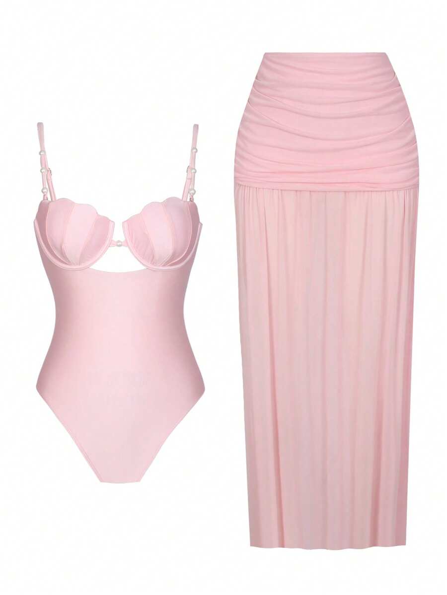 Swim Oasis 2pcs Solid Color Swimsuit Set, Shell Design Push Up Semi-Sheer Cover-Up Monokini Swimsuit, Summer - Pink - View 1