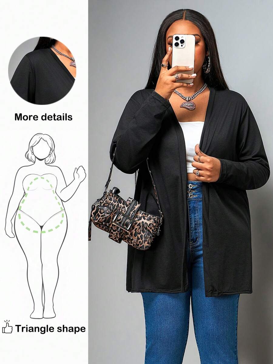 Truni Plus Solid Open Front Coat,Fall Women Clothes Winter Autumn - Black - View 1