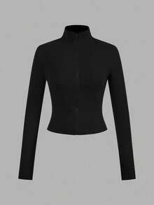 SHEIN EZwear 大码立领长袖修身拉链休闲T恤 - 黑與白 - 查看 3