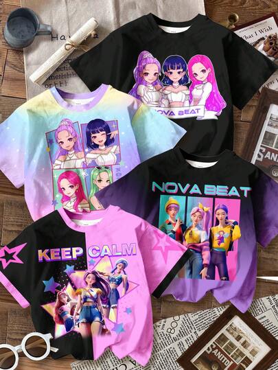 SHEIN 4件套返校季卡通女孩肖像，K-Pop巨星，色彩缤纷，黑色、紫色、粉色，少女休闲宽松落肩圆领短袖基础款T恤，适合春夏穿着，休闲校园风，户外野餐，街头风