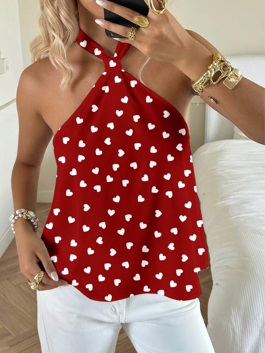 SHEIN EZwear Áo không tay in hình trái tim, kiểu dáng cổ điển thanh lịch, đa năng, ấm áp, thích hợp cho ngày Valentine, dành cho nữ, thoải mái cho mùa xuân/hè. - Nhiều màu - Xem 1