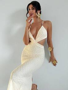 Firerie 女士白色提花串珠系带露背修身开衩连衣裙，性感度假连衣裙，春夏服装，沙滩装，通勤装，优雅，性感，度假，海滩，波西米亚风，夏威夷，音乐节，浪漫，约会装 - 杏色 - 查看 3