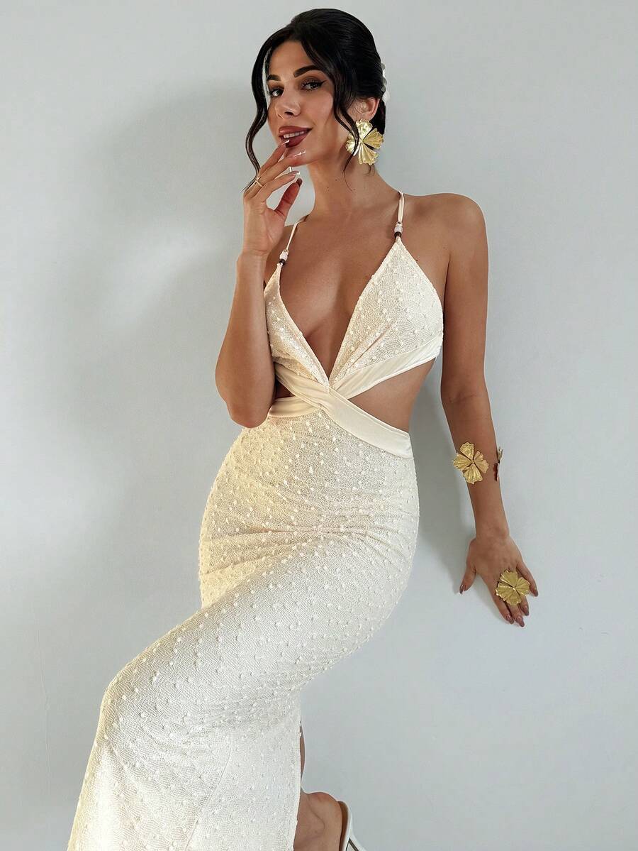 Firerie Women's White Textured Jacquard Beaded Lace-Up Backless Fitted Slit Dress, Sexy Vacation Dress, Spring/Summer Clothing, Beach Outfit, Commute, Elegant, Sexy, Vacation, Beach, Boho, Hawaii, Music Festival, Romantic, Date - Apricot - View 1