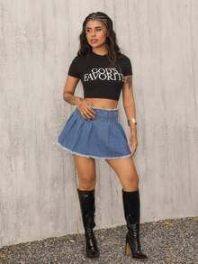 Women Simple Printed Crop Top Slim Fit T-Shirt GOD'S FAVORITE Graphic Tees Women Tops - Black - View 1