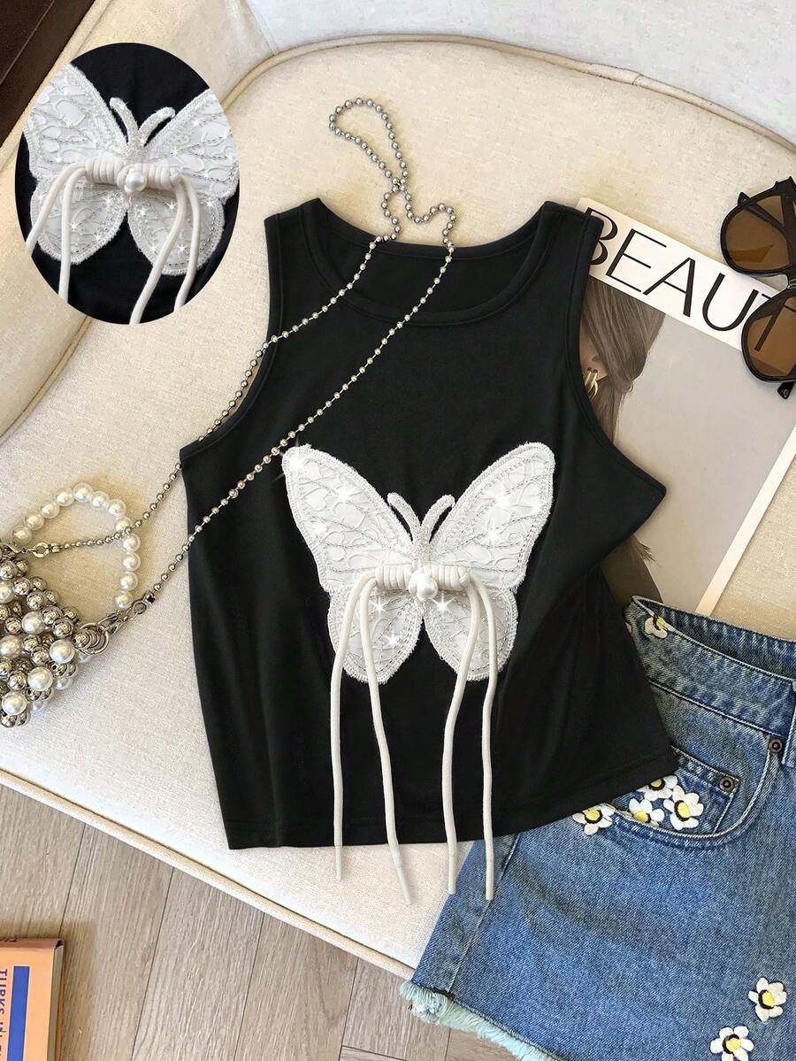 GlowEve 女士休闲蝴蝶图案圆领无袖背心，夏季 - 黑色 - 查看 1