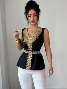 Elenzga Women's Elegant V-Neck Blouse With Luxurious Gold Tassel Trim, Loose Fit With Waist Belt, Suitable For Spring/Summer - Black - View 4