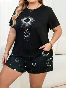 Women's Plus Size Sun And Moon Print Short Sleeve Top And Shorts Pajama Set, Outfits - Black - View 4
