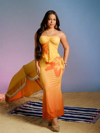 SHEIN x Eduarda Gutierrez Soleia Novo Conjunto de 2 Peças Boêmio Tropical de Férias, Elegante Top Cropped de Tule Estampado Sem Alças e Saia Plissada, Adequado para Casamento na Praia, Formatura, Brunch, Dia de São Patrício, Férias de Primavera, Páscoa, Festival de Música