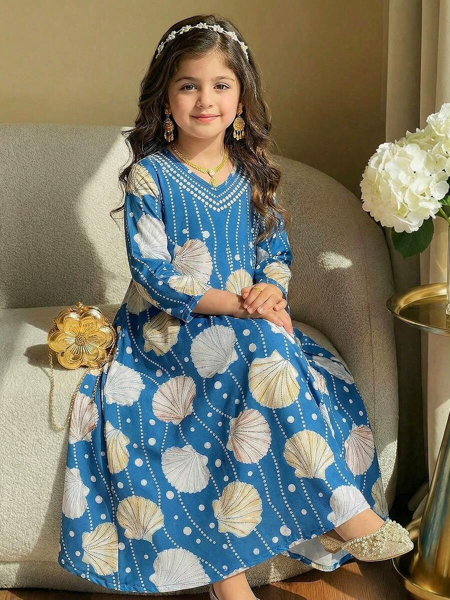 SHEIN Loose, Elegant, Simple & Comfortable Abaya Style Print Dress, Young Girls - Green - View 1