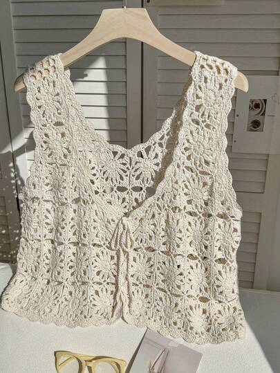 Comfortcana 大码纯色V领时尚系带手工钩编花朵针织吊带衫