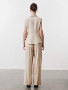 Aalyst Bộ đồ nữ mùa xuân/hè kiểu Pháp thanh lịch, sang trọng, tối giản, cao cấp, phong cách bohemian thường ngày, thích hợp đi nghỉ mát/công sở, đi làm, phong cách cổ điển, thoải mái, màu trơn, chất liệu vải lanh pha, áo khoác không tay cổ ve, có dây rút eo và túi, quần ống rộng thoải mái, 2 mảnh. - Màu be - Xem 3