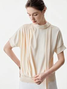 Aalyst Tricou elegant pentru femei, cu guler lung, plisat, cu fundă și mânecă scurtă, galben deschis, potrivit pentru ocazii de primăvară/vară, precum Anul Nou, Ziua Îndrăgostiților, Paște, Ziua Mamei, nunți în Orientul Mijlociu, la locul de muncă, escapade romantice - Lumină galbenă - Vizualizare 3