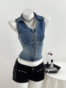 Elamini Vintage Collar Sleeveless Washed Denim Fitted Jacket - Medium Wash - View 4