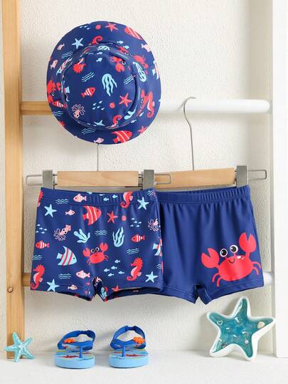 SHEIN 3件装男婴蓝色可爱趣味鱼蟹海洋生物图案泳裤，适合春季、夏季、度假、游泳、温泉、冲浪，附赠帽子