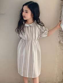 Dazy Kids Young Girl Striped Peter Pan Collar Short Puff Sleeve Cute Dress - Khaki - View 6