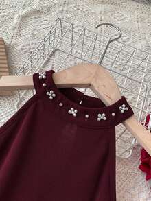 SHEIN Teen Girls' Burgundy Knit Halter Neck Sleeveless Cinched Waist A-Line Party Dress With Beaded Design, Fashionable - Burgundy - View 3