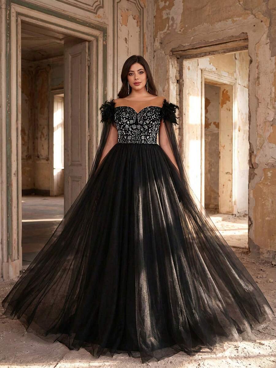 Aureia Váy hở vai tay loe viền chữ A đính lông vũ và lưới thêu màu xanh lam sang trọng cỡ lớn, thích hợp cho tiệc tối, hẹn hò, vũ hội, đám cưới, dịp trang trọng