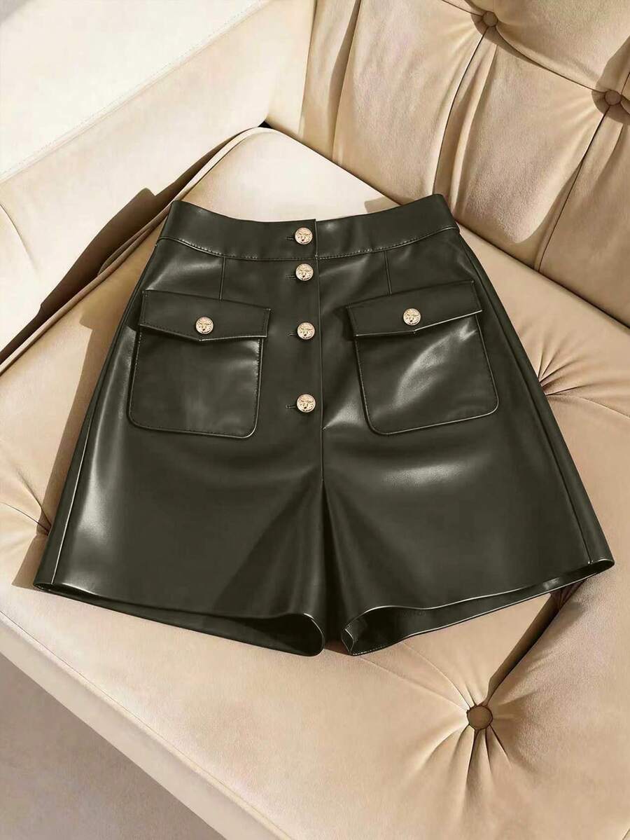 SHEIN Franclia Women's Casual Fashion PU Leather Solid Color Button Fly Flap Pocket Shorts - Army Green - View 1