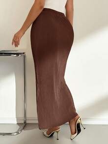 Auralis Plus Size Ladies Chocolate Brown Autumn Elegant Everyday Casual Slim Pleated Khaki Elastic Waist Long Skirt,Women Bottom,Vacation,Rave,Brunch,Airport - Brown - View 2