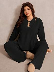 SHEIN Elaquor Bộ đồ thể thao cỡ lớn thanh lịch dành cho người đi làm, trang trí kim loại, gồm áo không tay và quần. - màu đen - Xem 3