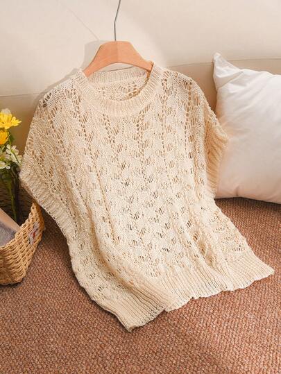 CosyJoli Plus Size Elegant French Casual Leaf Pattern Hollow-Out 3D Knitted Pullover Top, Light Color, Spring/Summer For Women