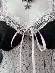 Sunspun 新款优雅甜美蝴蝶结薄纱雪花蕾丝边饰蝴蝶结荷叶边短款吊带背心，春夏秋季 - 黑與白 - 查看 5