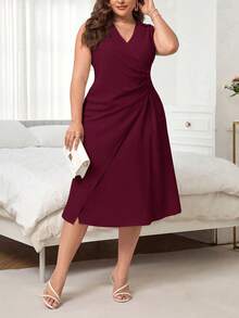 SHEIN Privé 大码优雅褶裥腰部无袖连衣裙，夏季 - 棕色 - 查看 4