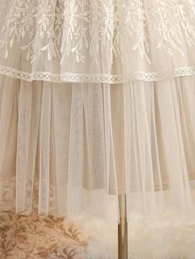 Tween Girl Floral Embroidered Mesh Ruffle Sleeve Dress - Apricot - View 7