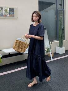 DAZY Women's Casual Denim Round Neck Korean Style Dress - Blue - View 6