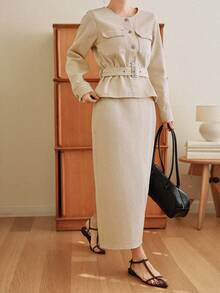 Dazy-Less Spring/Summer Loose Design Casual Shirt And Wide-Leg Jeans Old Money Luxury Women Denim Set - Apricot - View 4