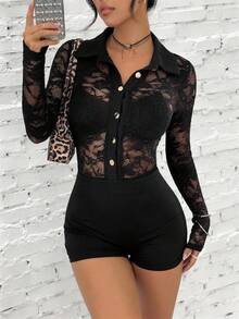 Chiquease Women's Y2K Minimalist Sexy Cute Shirt Collar Long-Sleeved Shawl Faux Two-Piece Set Black Lace Hippie Style See-Through Jumpsuit, Commuter-Friendly, Fashionable And Versatile, Suitable For All Seasons, From Spring To Summer, Women's Valentine's Day Outfit, Women's Carnival Attire, Wedding And Event Wear, Women's Vacation Wear, Black Tight-Fitting Jumpsuitgraduation Season Attire, Fashionable Casual Commuter Wear, Business Office Wear, Versatile And Stylish Everyday Casual Wear, Urban Teacher's Professional Attire - Black - View 1